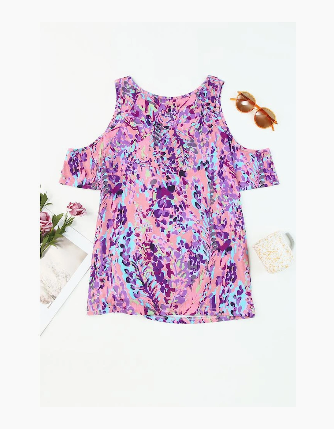 Multicolor Lavender Floral Print Cold Shoulder Blouse