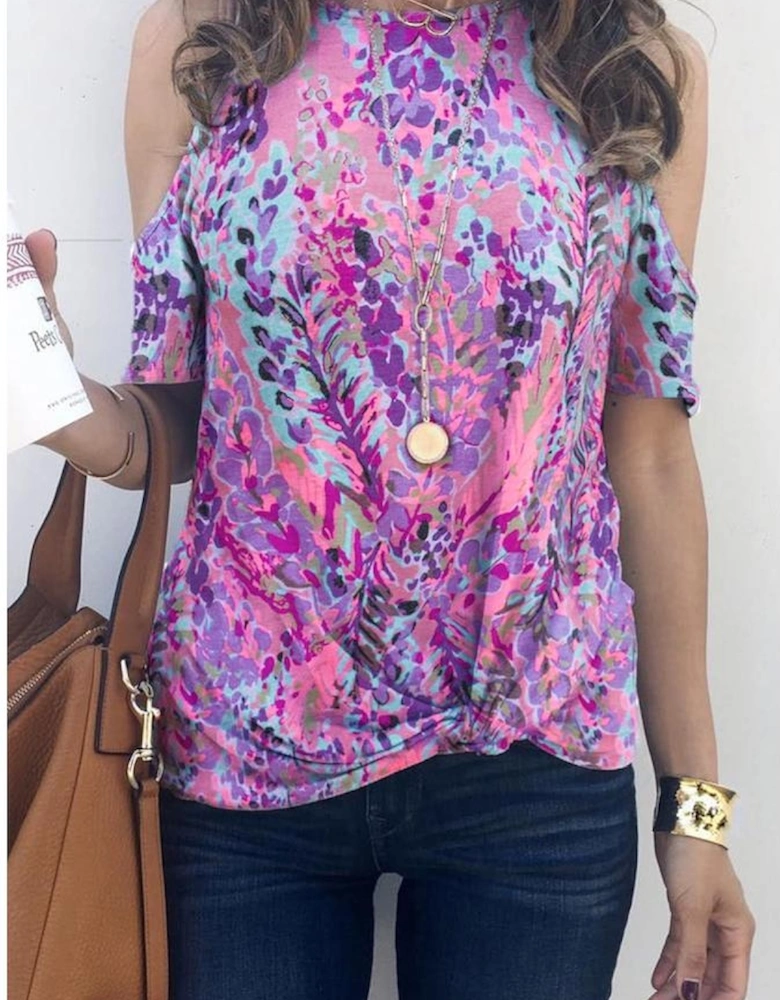 Multicolor Lavender Floral Print Cold Shoulder Blouse