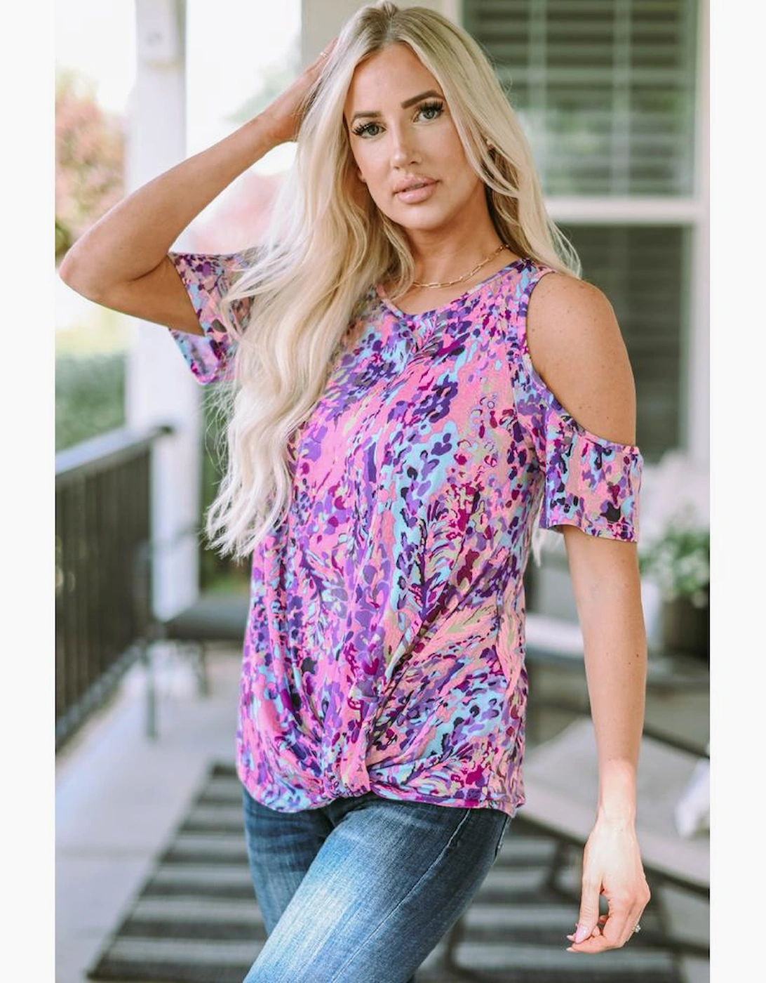 Multicolor Lavender Floral Print Cold Shoulder Blouse
