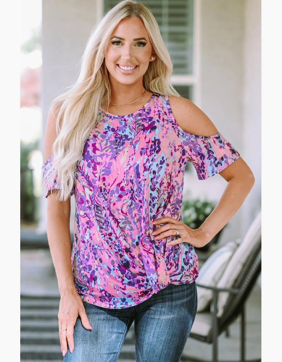 Multicolor Lavender Floral Print Cold Shoulder Blouse