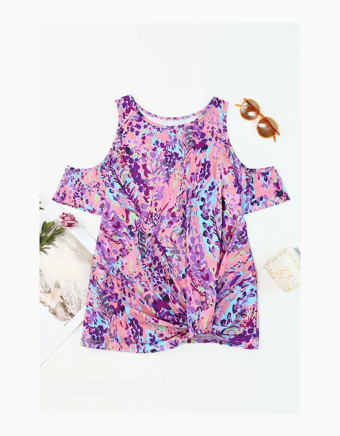 Multicolor Lavender Floral Print Cold Shoulder Blouse