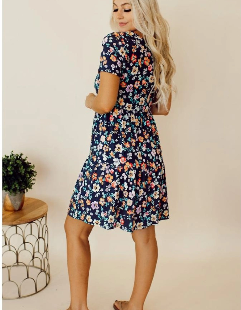 Blue Short Sleeve A-line Floral Dress