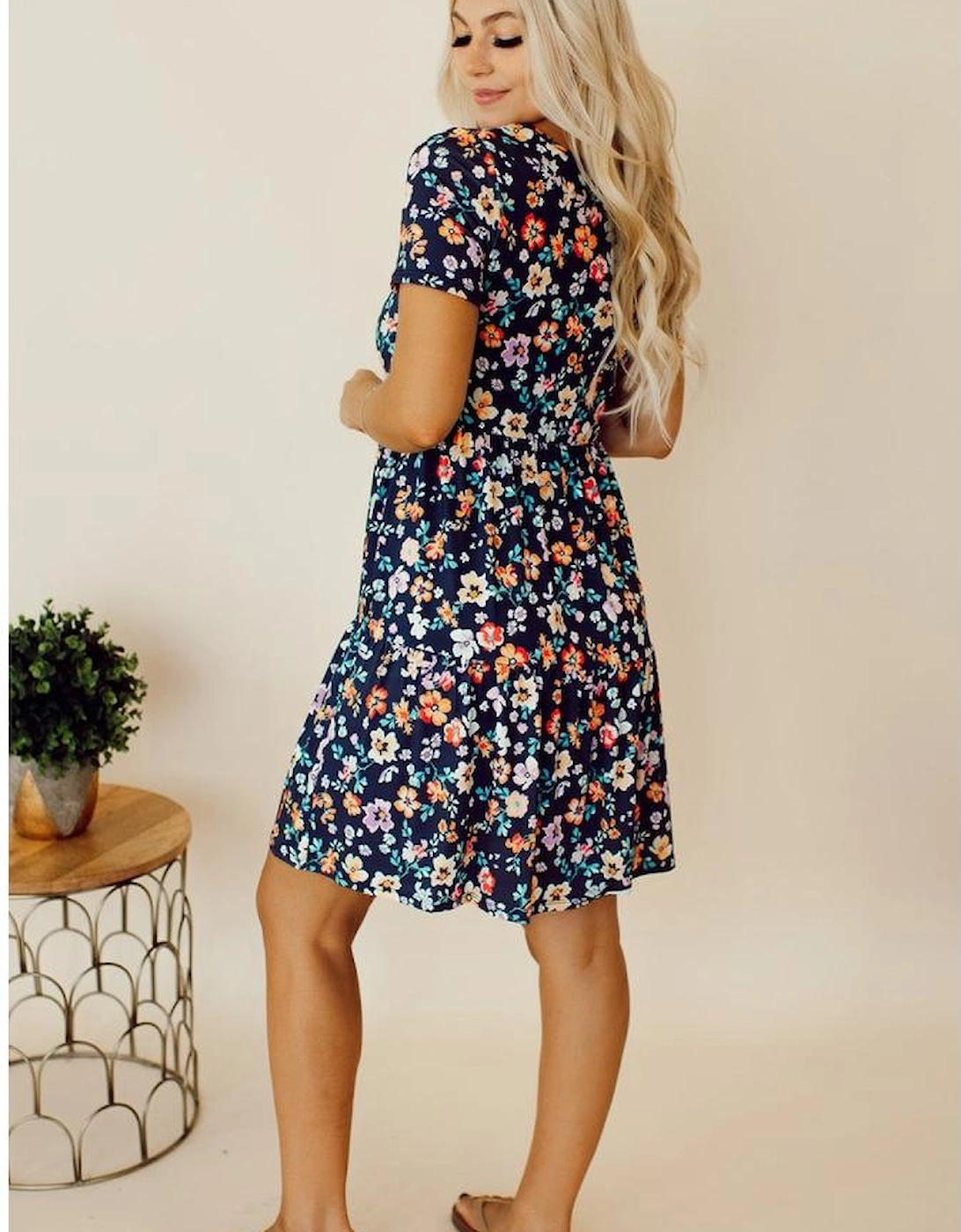 Blue Short Sleeve A-line Floral Dress