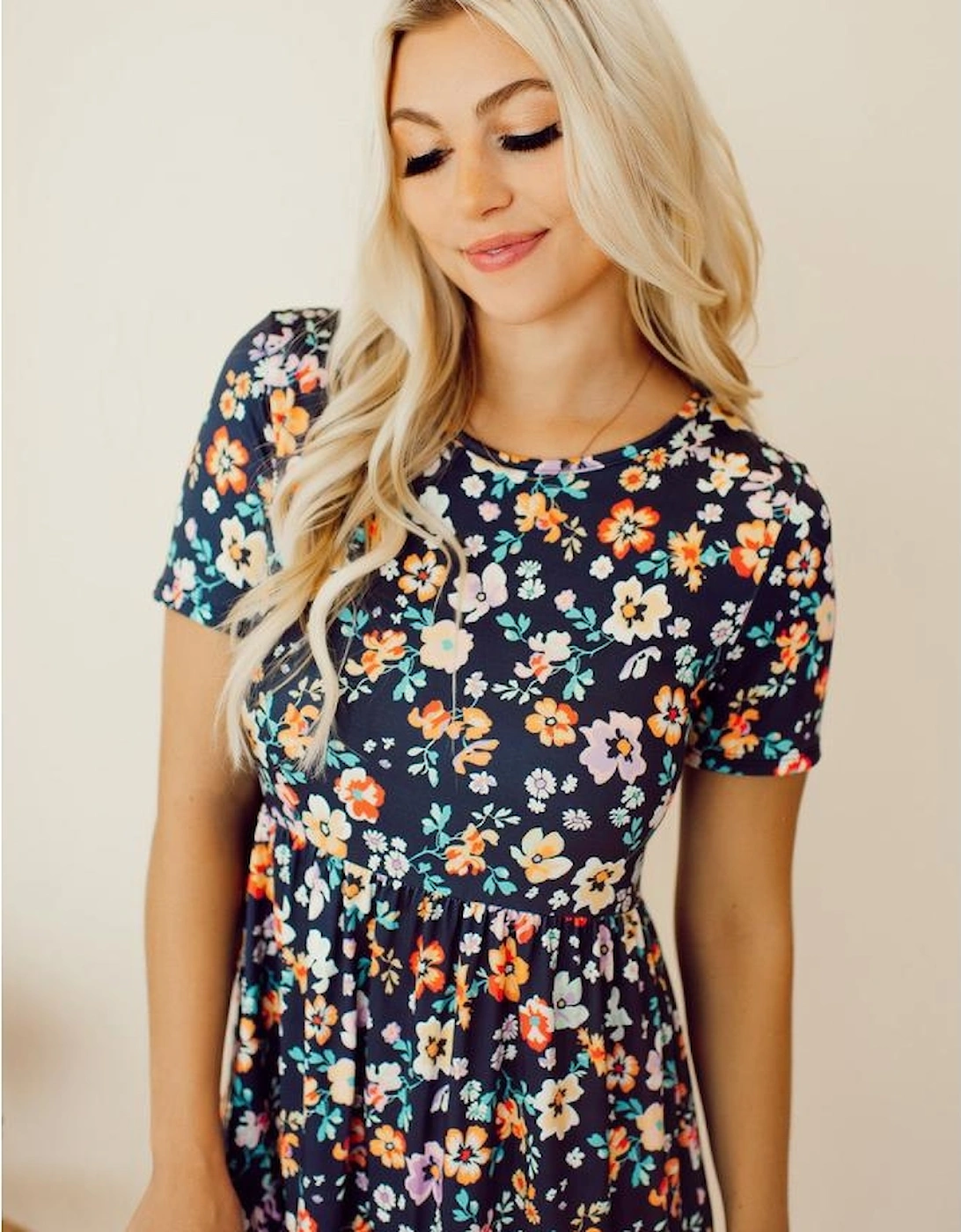 Blue Short Sleeve A-line Floral Dress