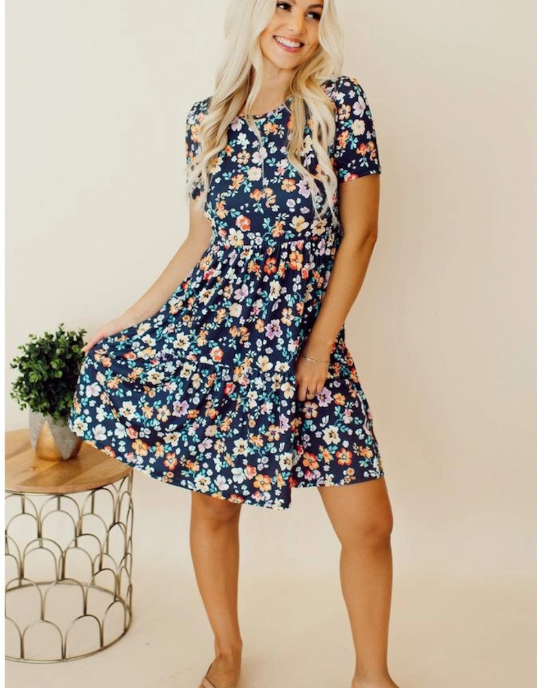 Blue Short Sleeve A-line Floral Dress