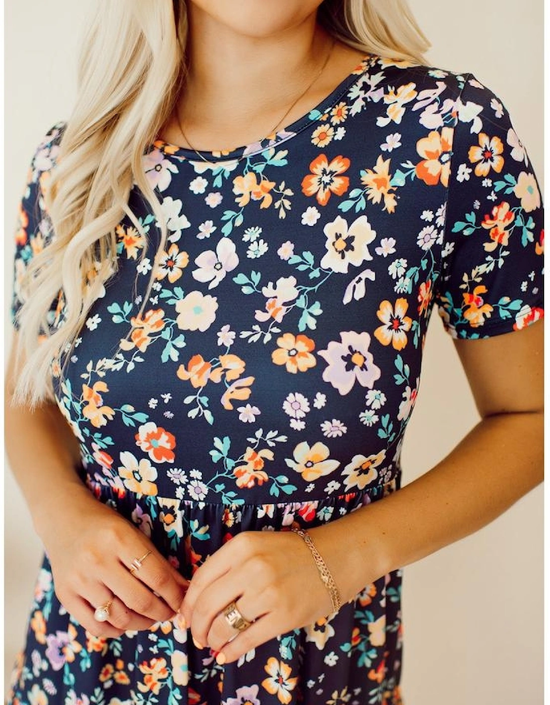 Blue Short Sleeve A-line Floral Dress