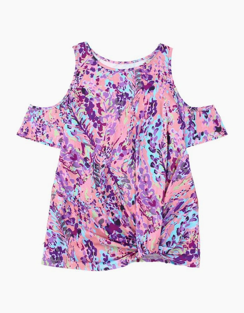 Multicolor Lavender Floral Print Cold Shoulder Blouse