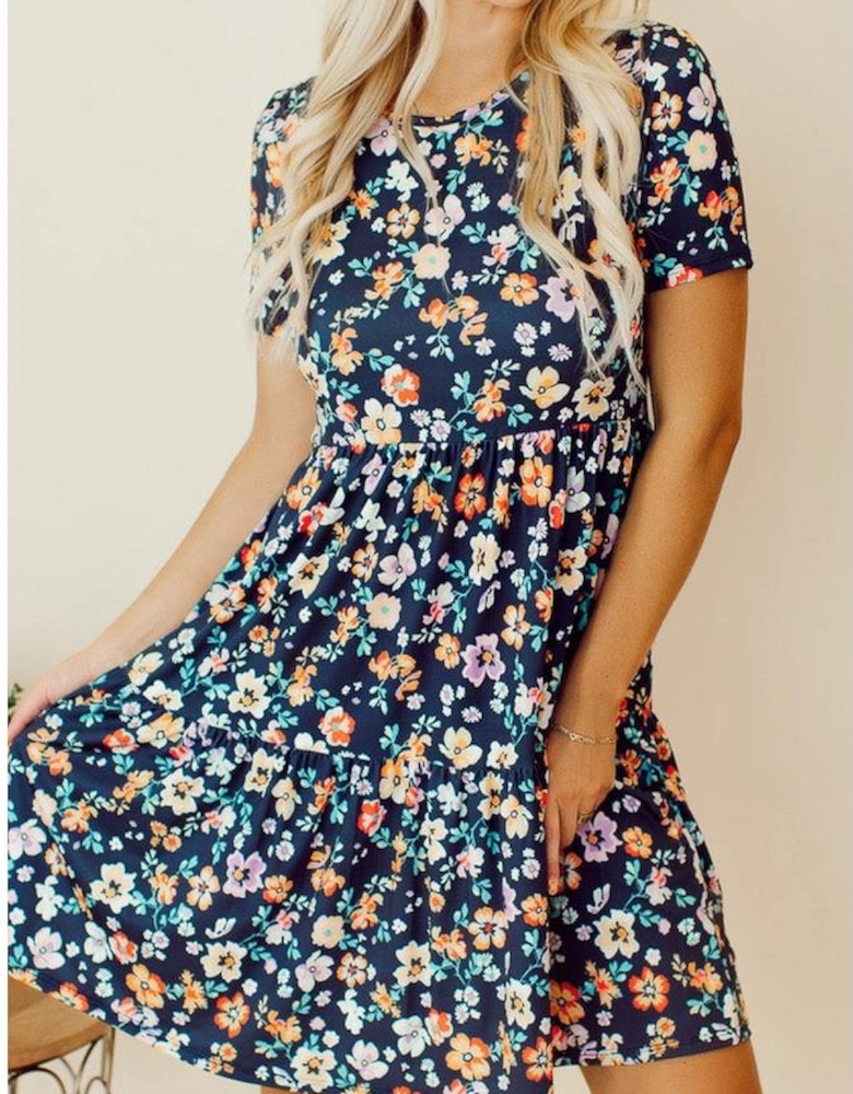 Blue Short Sleeve A-line Floral Dress