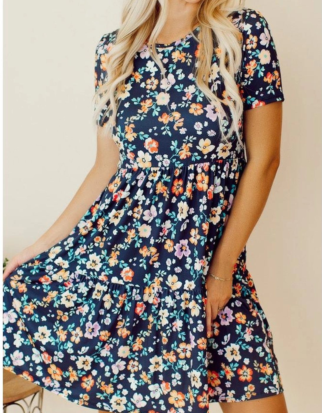 Blue Short Sleeve A-line Floral Dress, 9 of 8