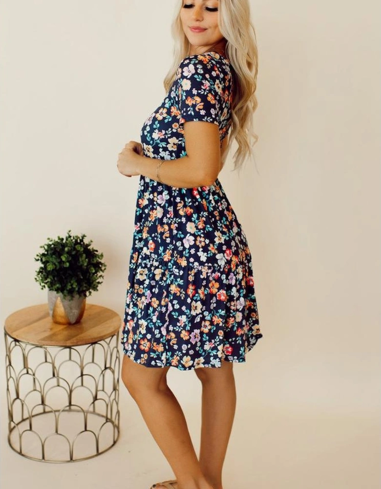 Blue Short Sleeve A-line Floral Dress