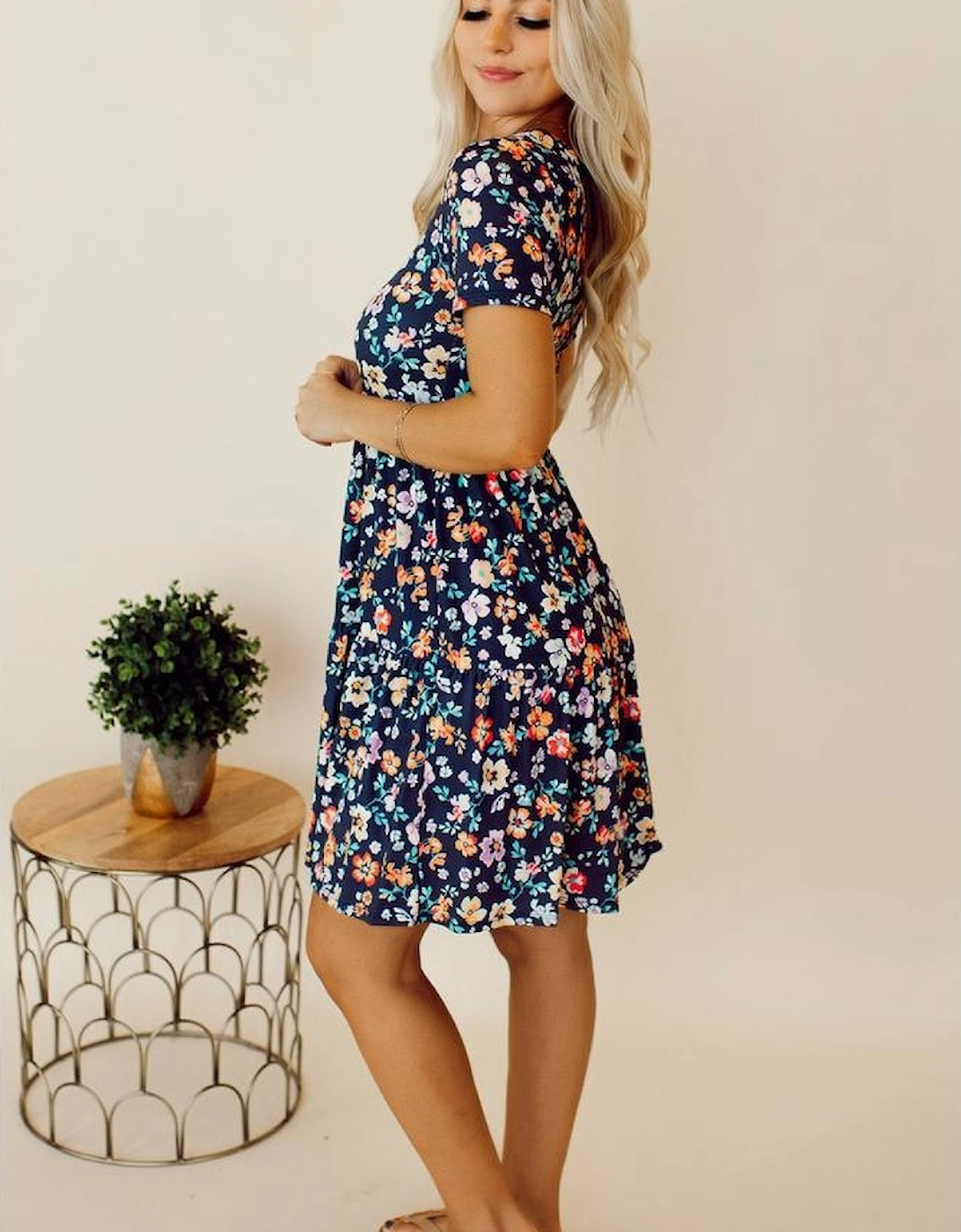 Blue Short Sleeve A-line Floral Dress