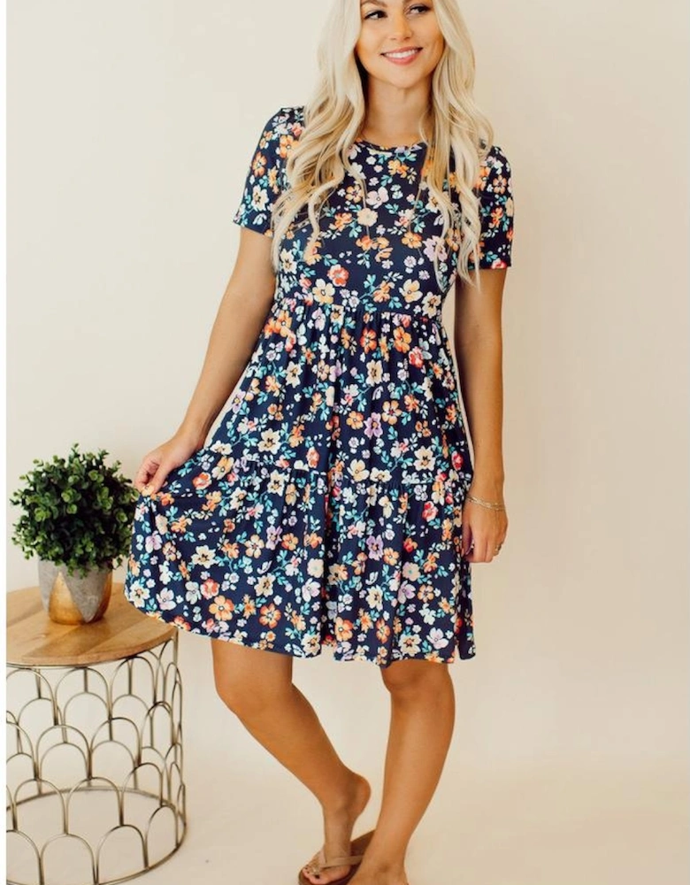 Blue Short Sleeve A-line Floral Dress