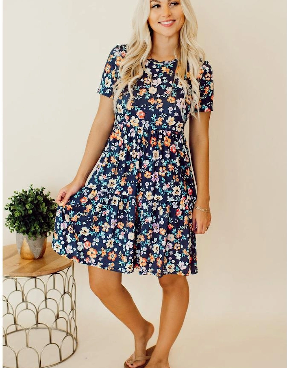 Blue Short Sleeve A-line Floral Dress