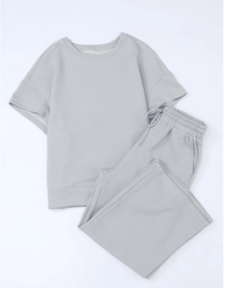 Gray Textured Loose Fit T Shirt and Drawstring Pants Set