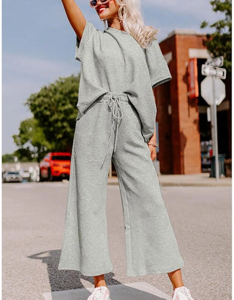 Gray Textured Loose Fit T Shirt and Drawstring Pants Set