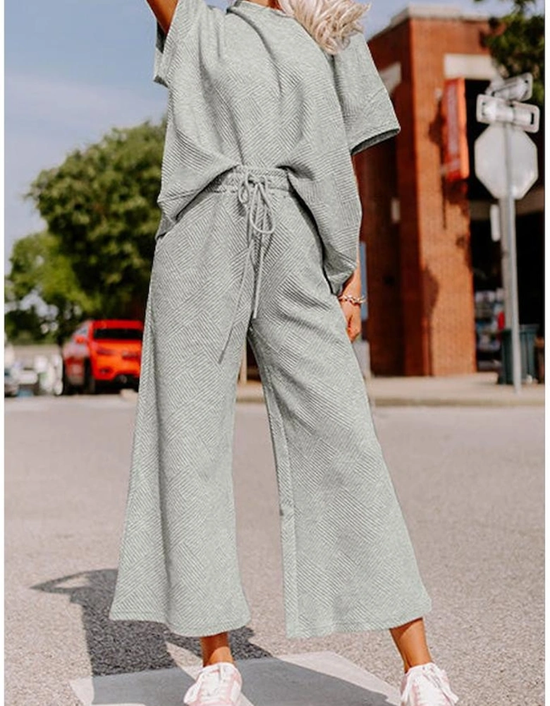 Gray Textured Loose Fit T Shirt and Drawstring Pants Set