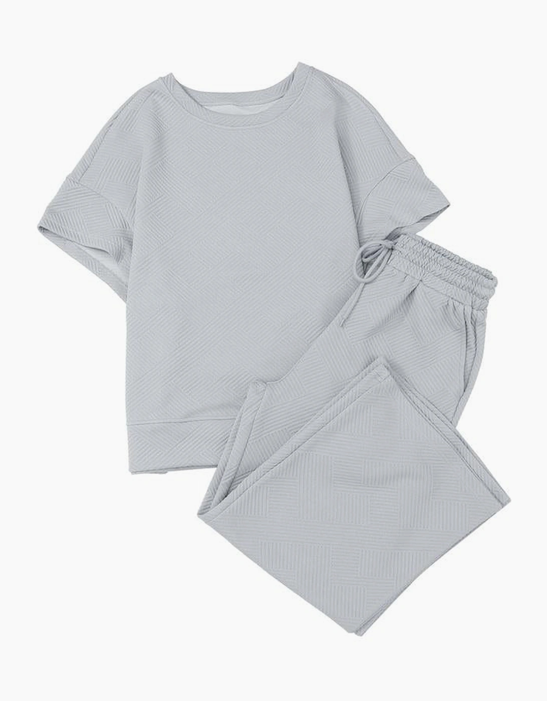 Gray Textured Loose Fit T Shirt and Drawstring Pants Set