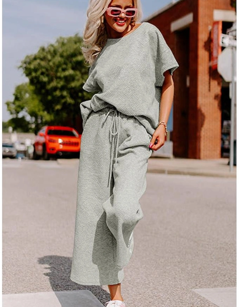 Gray Textured Loose Fit T Shirt and Drawstring Pants Set