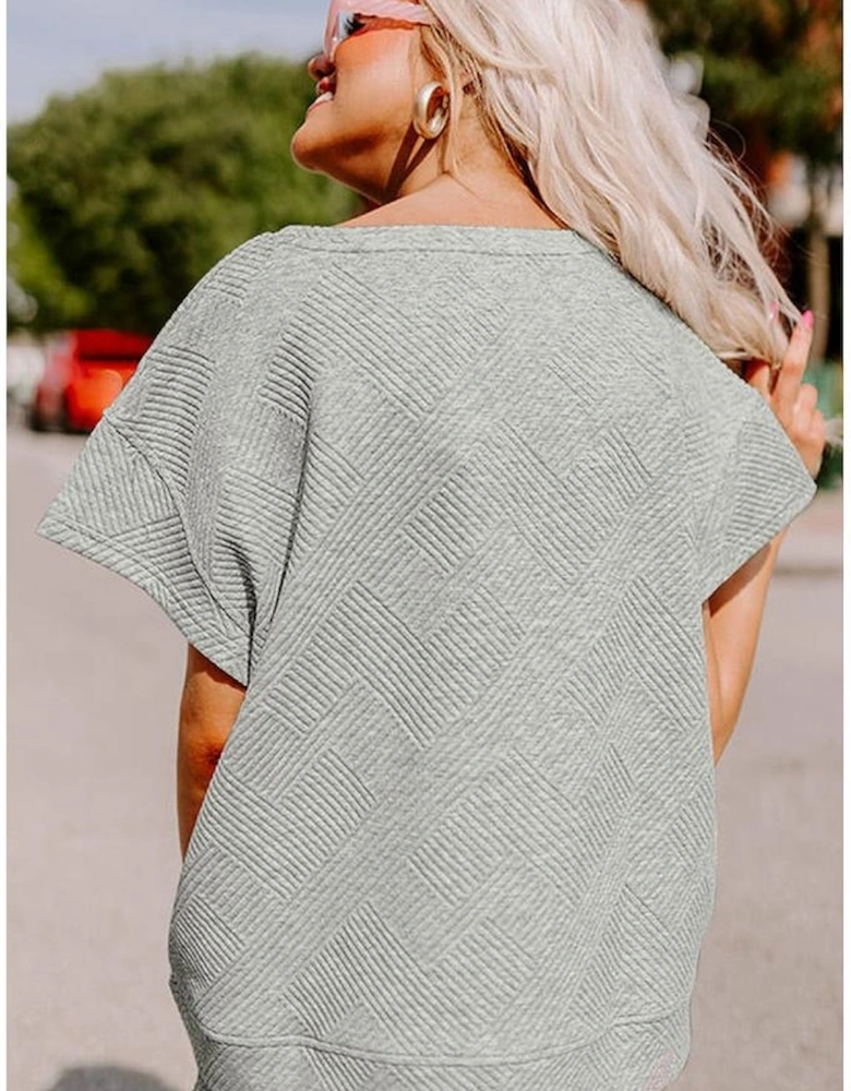 Gray Textured Loose Fit T Shirt and Drawstring Pants Set