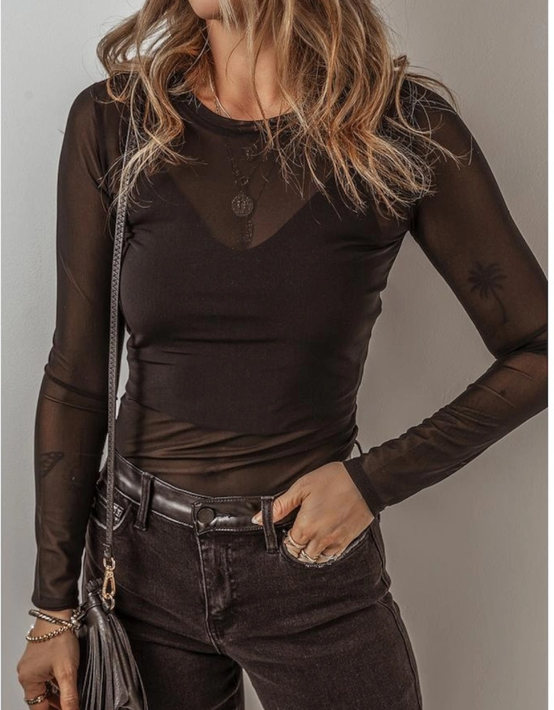 Black Mesh Long Sleeve Slim Fit Bodysuit