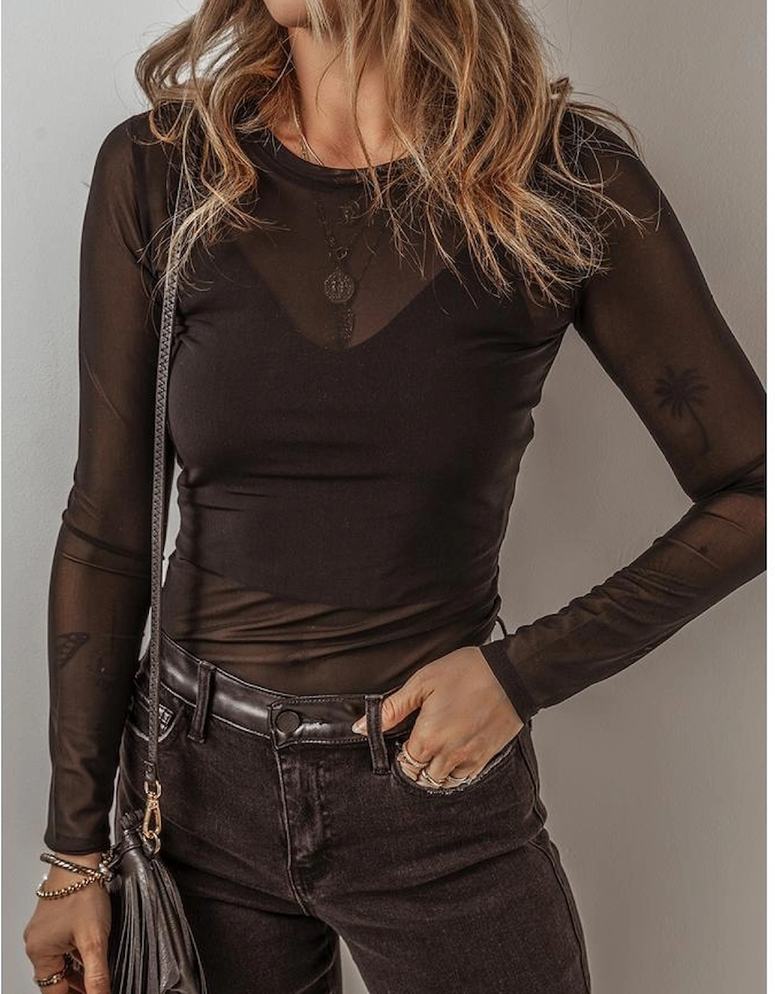 Black Mesh Long Sleeve Slim Fit Bodysuit, 12 of 11
