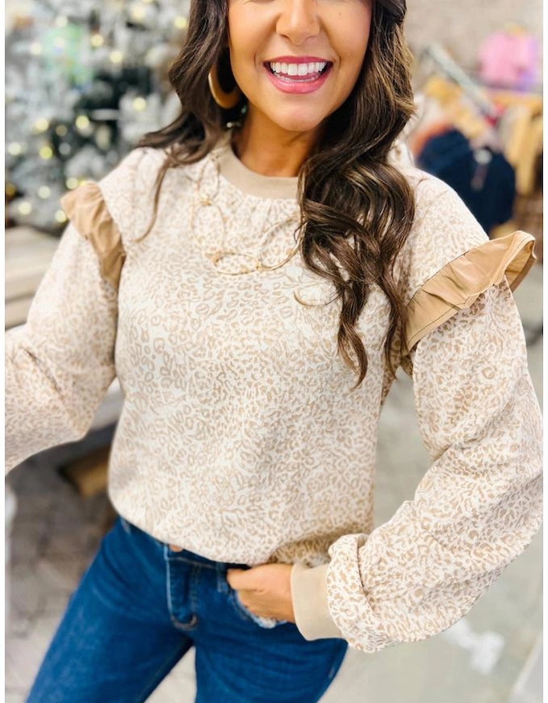 Khaki Leopard Ruffle Detail Ribbed Trim Round Neck Sweatshirt, 11 of 10