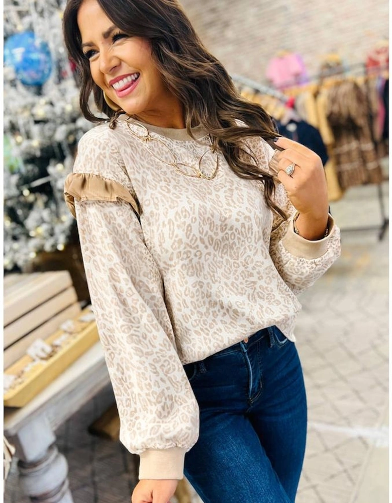 Khaki Leopard Ruffle Detail Ribbed Trim Round Neck Sweatshirt