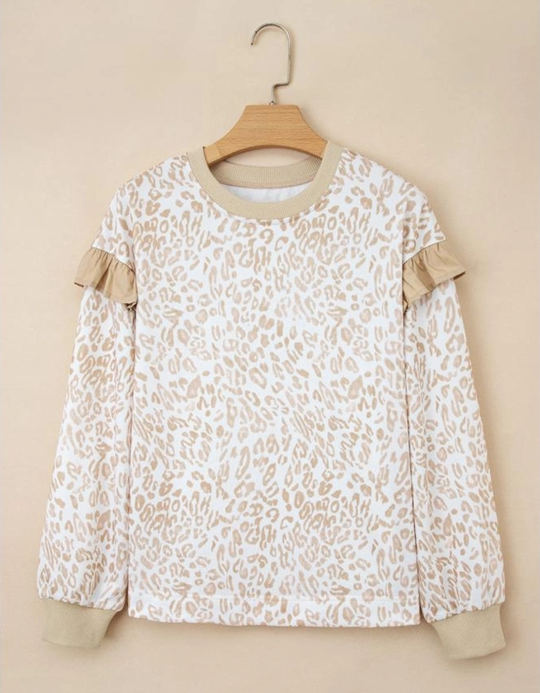 Khaki Leopard Ruffle Detail Ribbed Trim Round Neck Sweatshirt