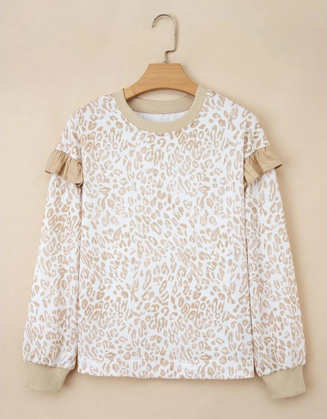 Khaki Leopard Ruffle Detail Ribbed Trim Round Neck Sweatshirt