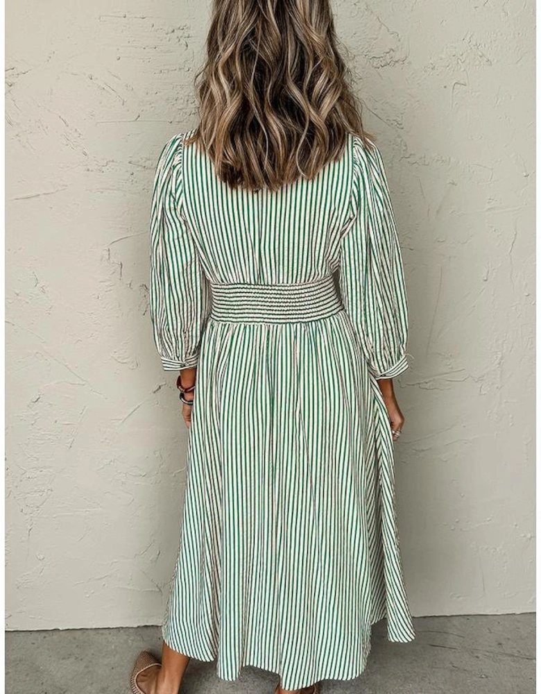 Green Stripe V Neck Zip Front Cinched High Waist Midi Dress