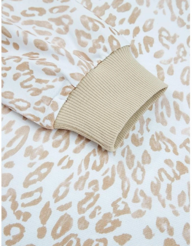 Khaki Leopard Ruffle Detail Ribbed Trim Round Neck Sweatshirt