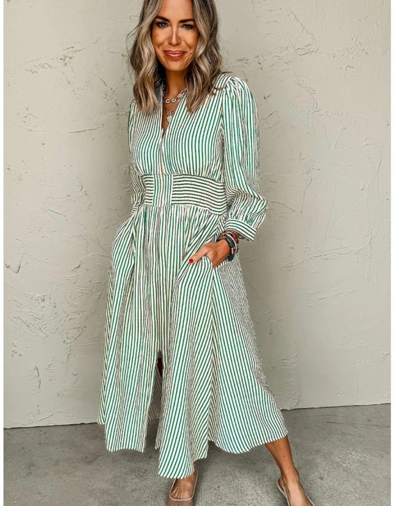 Green Stripe V Neck Zip Front Cinched High Waist Midi Dress
