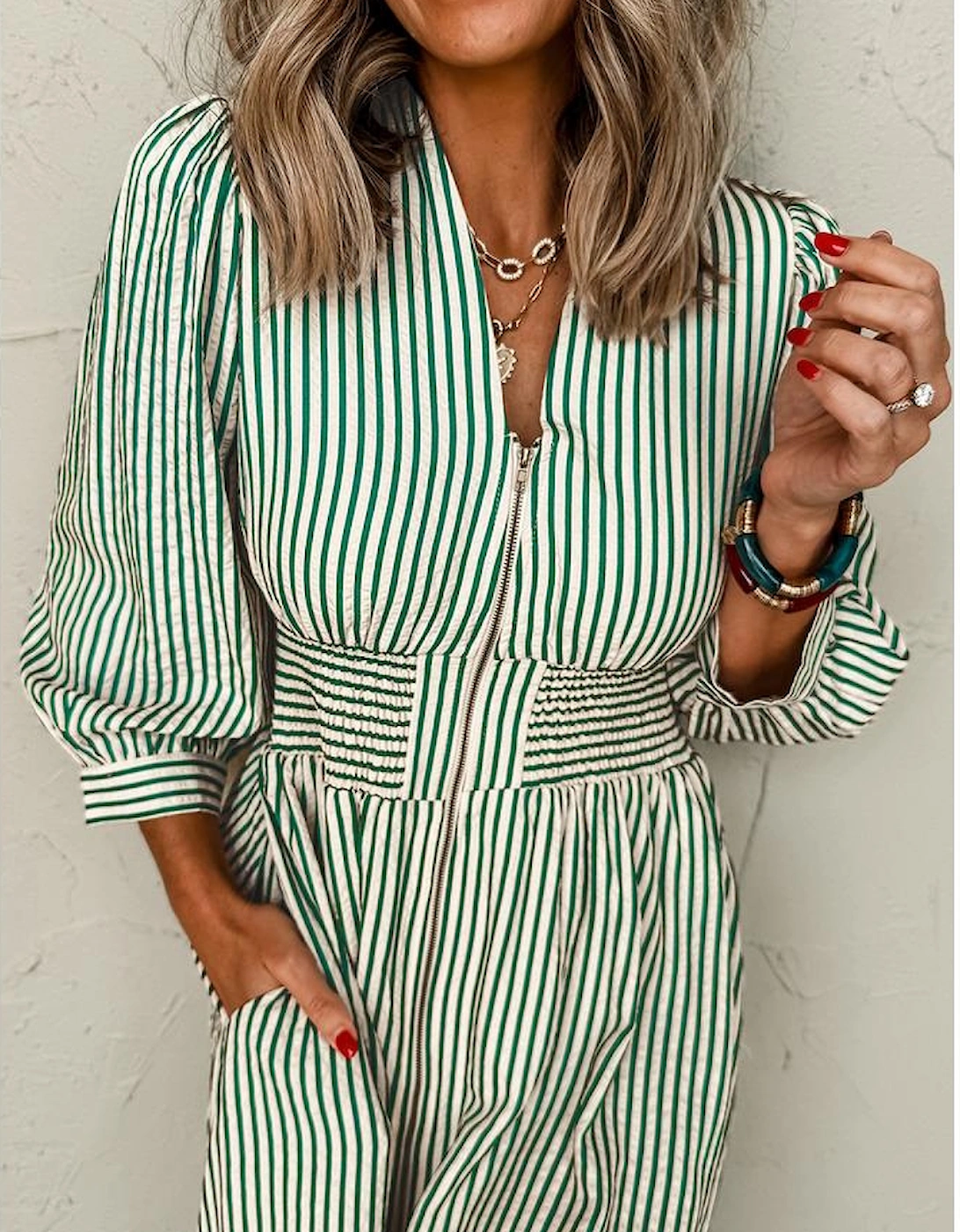 Green Stripe V Neck Zip Front Cinched High Waist Midi Dress