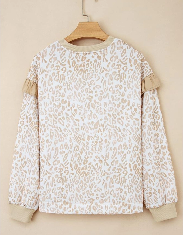 Khaki Leopard Ruffle Detail Ribbed Trim Round Neck Sweatshirt