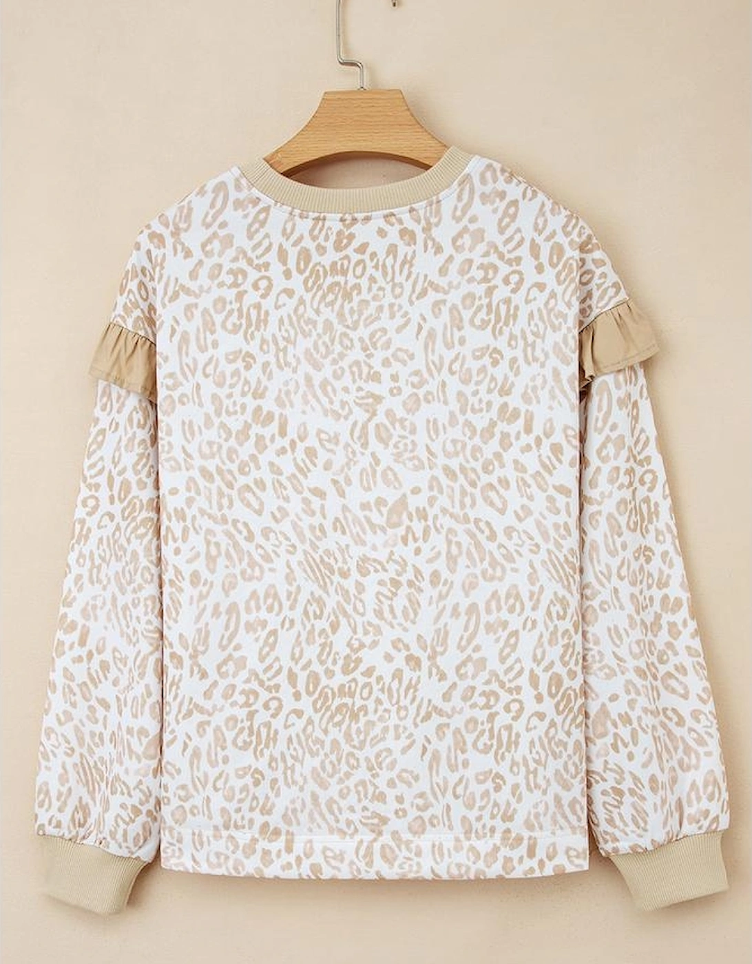 Khaki Leopard Ruffle Detail Ribbed Trim Round Neck Sweatshirt
