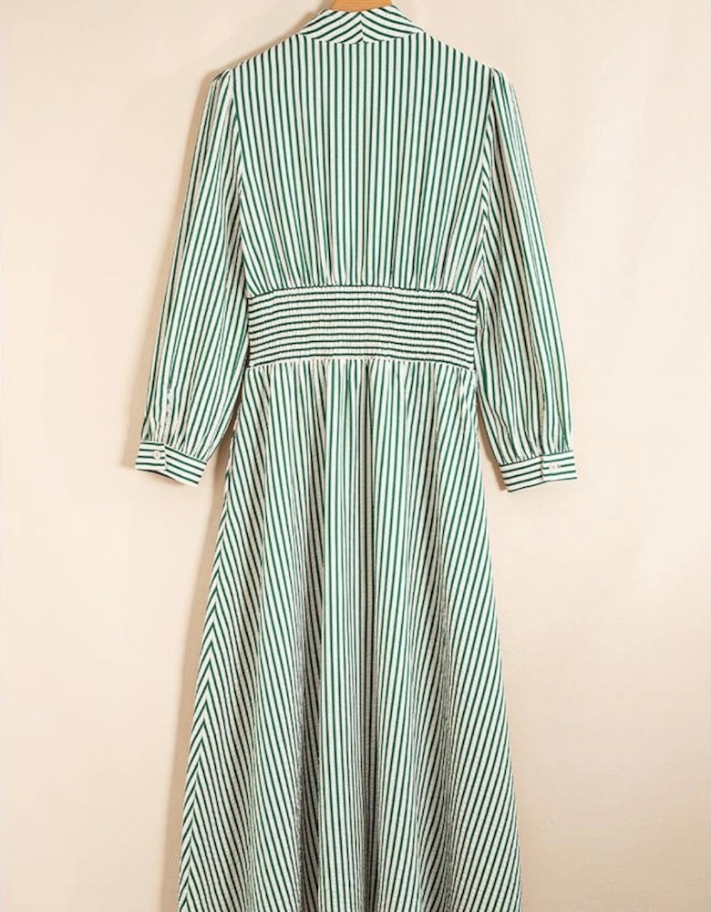 Green Stripe V Neck Zip Front Cinched High Waist Midi Dress