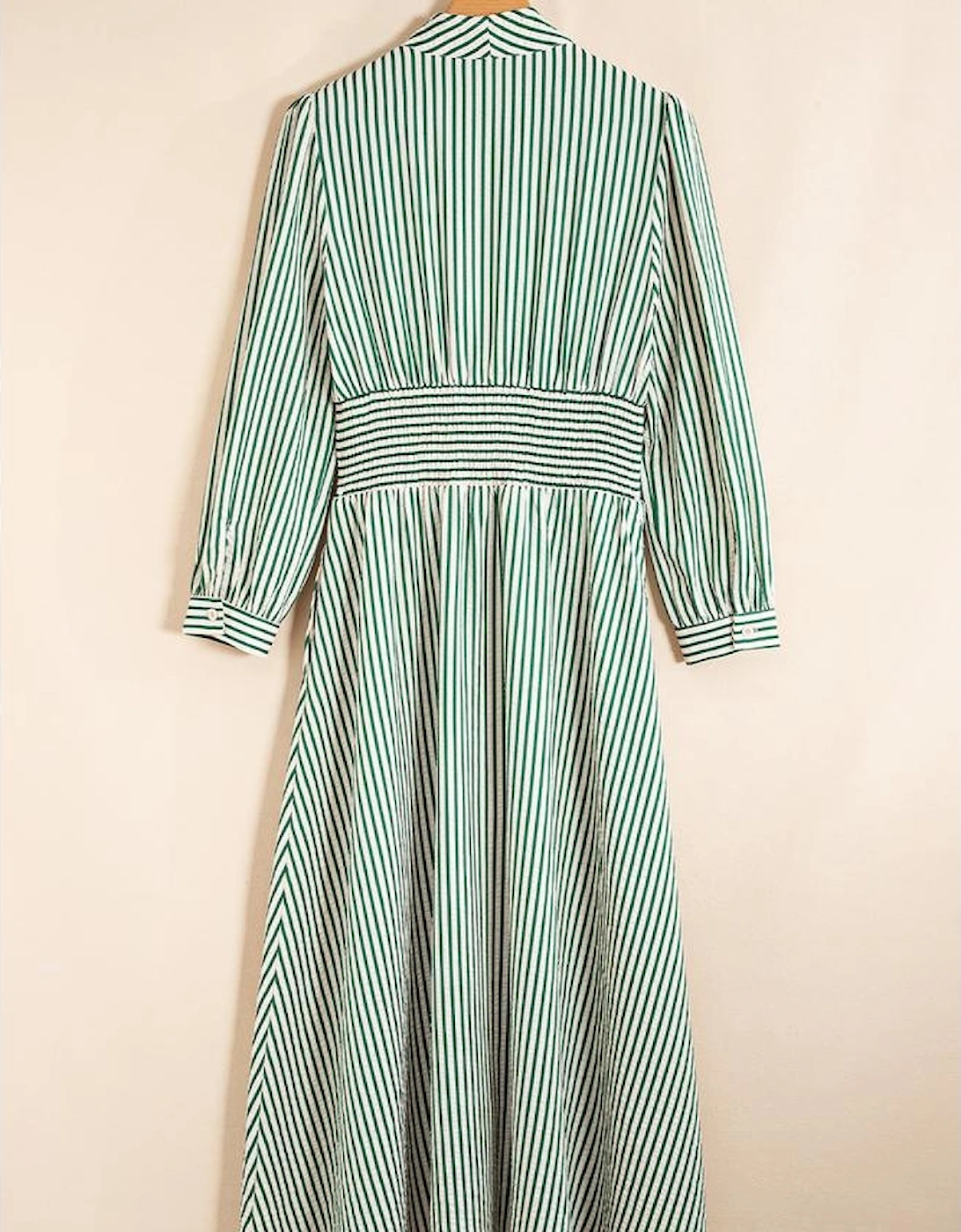 Green Stripe V Neck Zip Front Cinched High Waist Midi Dress