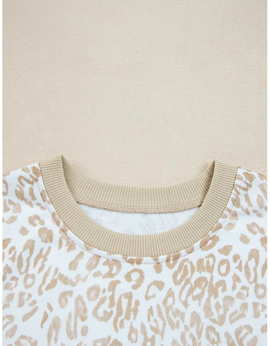 Khaki Leopard Ruffle Detail Ribbed Trim Round Neck Sweatshirt