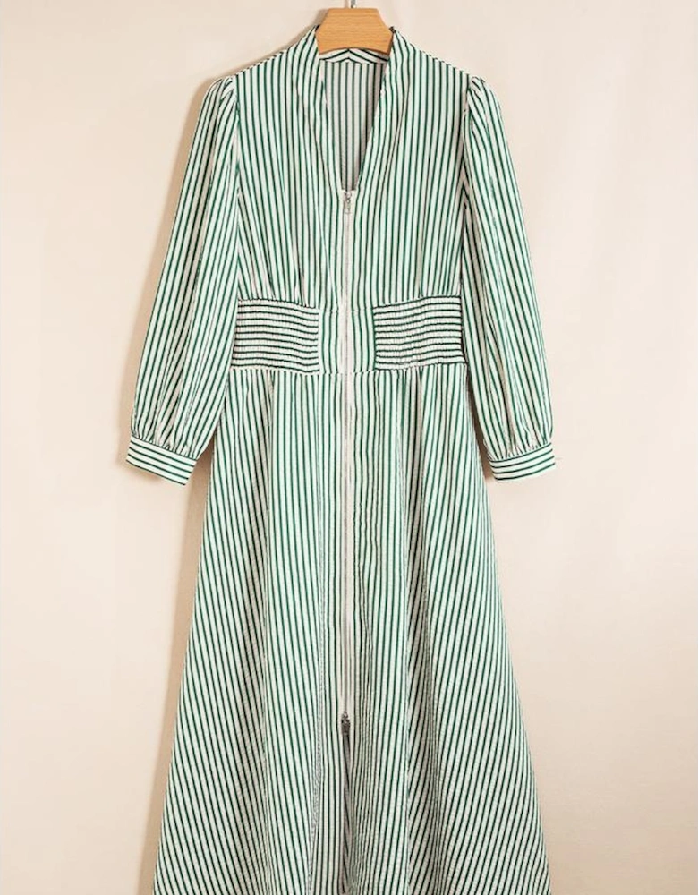 Green Stripe V Neck Zip Front Cinched High Waist Midi Dress