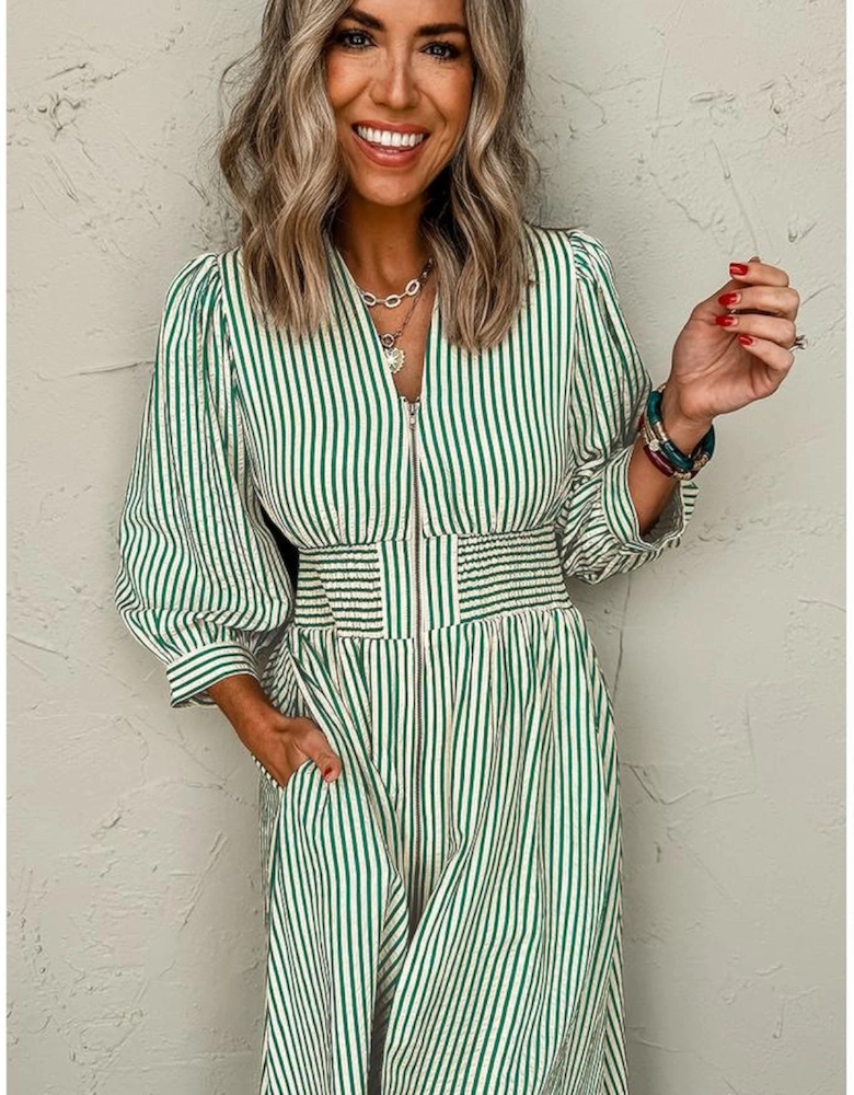 Green Stripe V Neck Zip Front Cinched High Waist Midi Dress