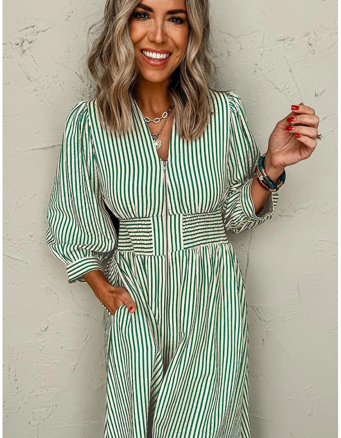 Green Stripe V Neck Zip Front Cinched High Waist Midi Dress