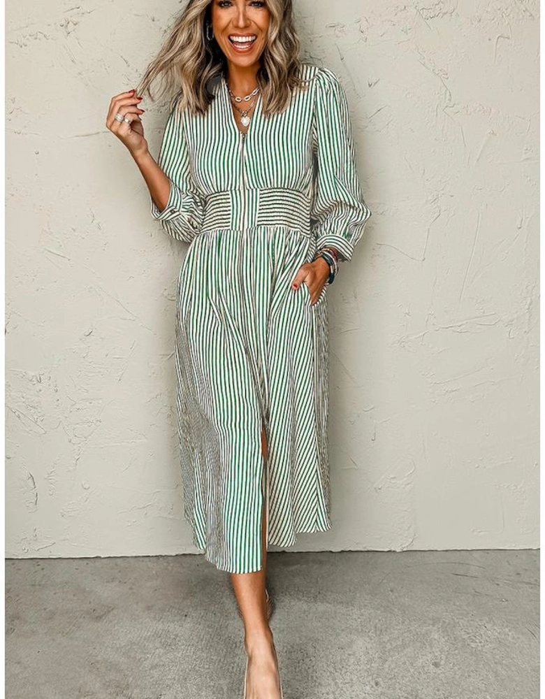 Green Stripe V Neck Zip Front Cinched High Waist Midi Dress