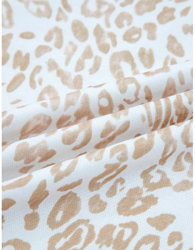 Khaki Leopard Ruffle Detail Ribbed Trim Round Neck Sweatshirt