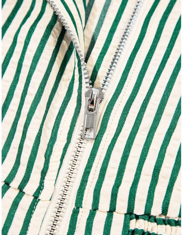 Green Stripe V Neck Zip Front Cinched High Waist Midi Dress