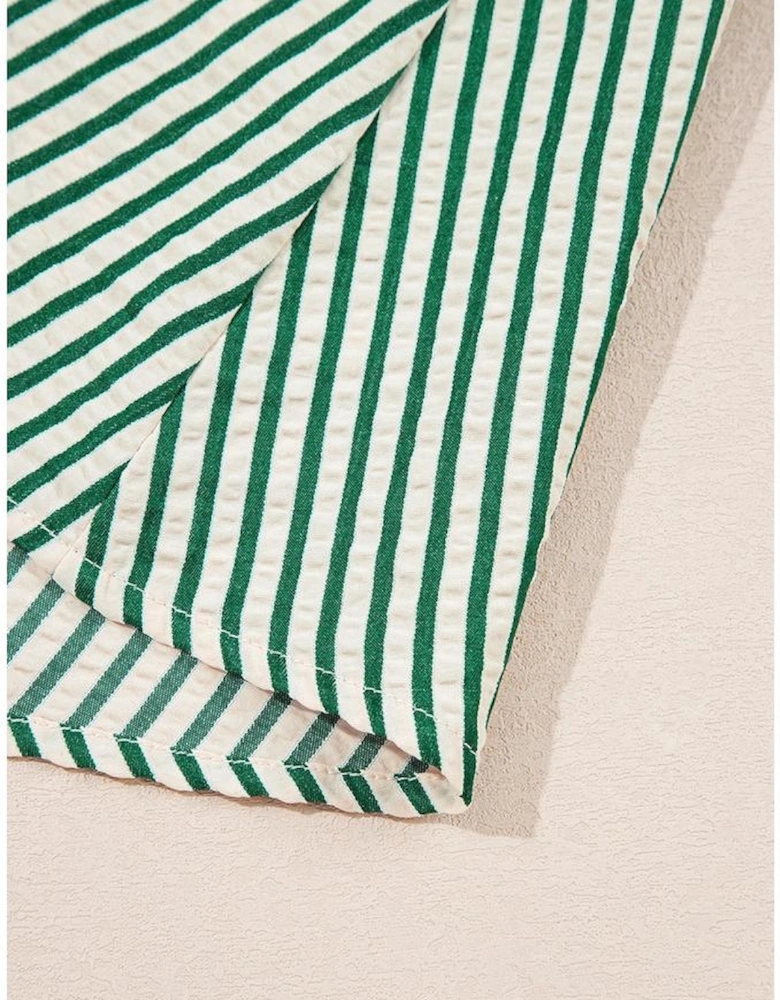 Green Stripe V Neck Zip Front Cinched High Waist Midi Dress