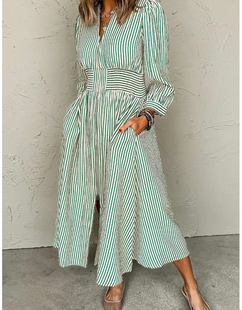 Green Stripe V Neck Zip Front Cinched High Waist Midi Dress