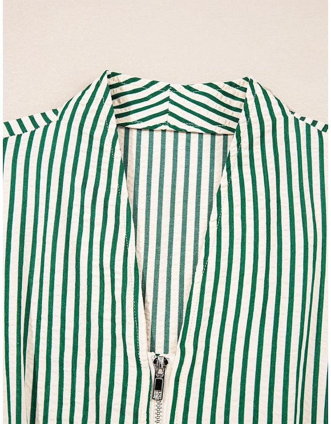 Green Stripe V Neck Zip Front Cinched High Waist Midi Dress
