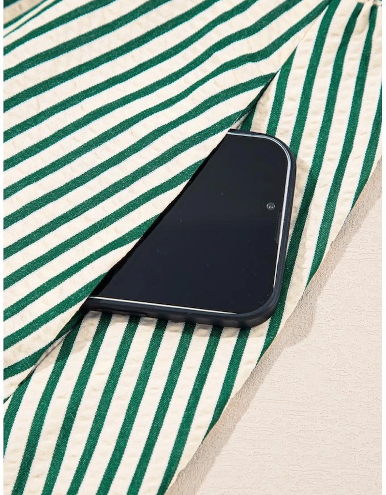 Green Stripe V Neck Zip Front Cinched High Waist Midi Dress