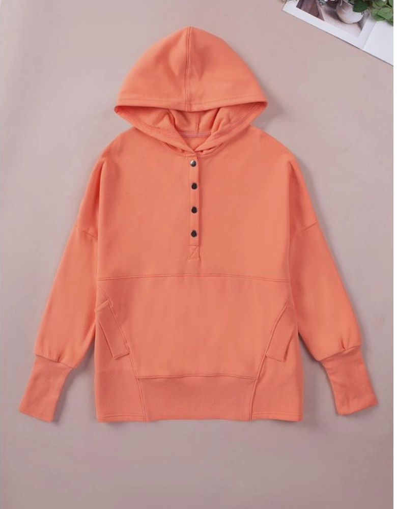 Orange Batwing Sleeve Pocketed Henley Hoodie
