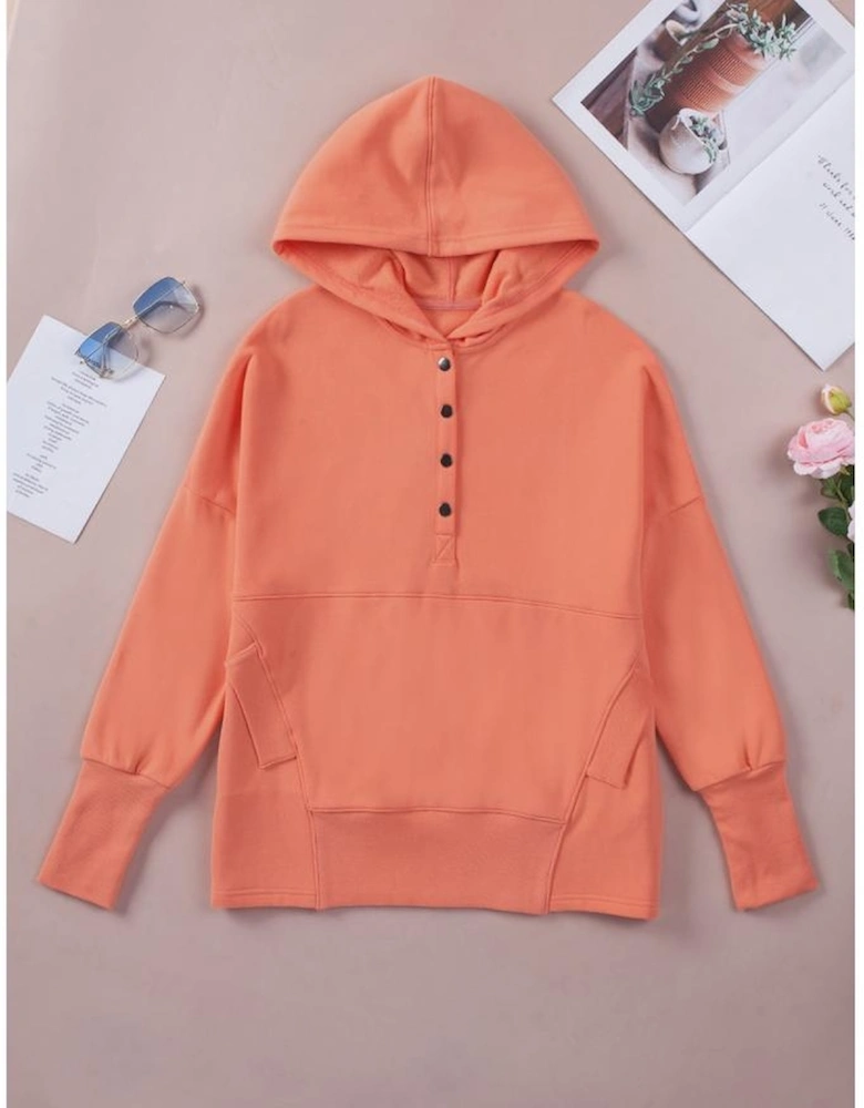 Orange Batwing Sleeve Pocketed Henley Hoodie